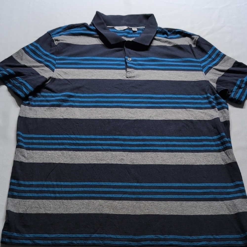 Calvin Klein Blue and Gray Striped Polo Shirt